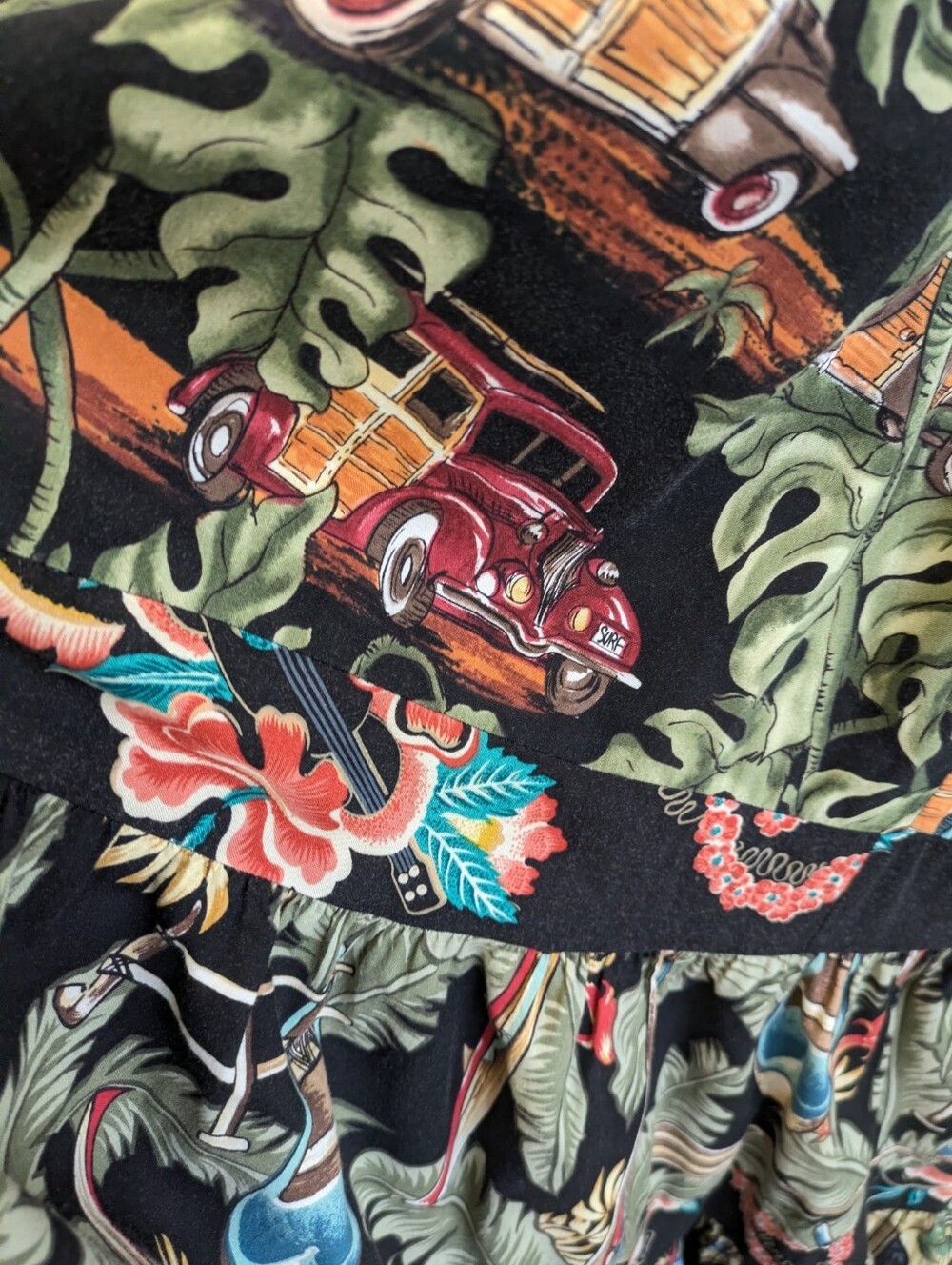 Anna Konya Tiered Full Circle Skirt OS Hawaiian Tropical Woody Wagon Tiki VTG - Picture 7 of 10
